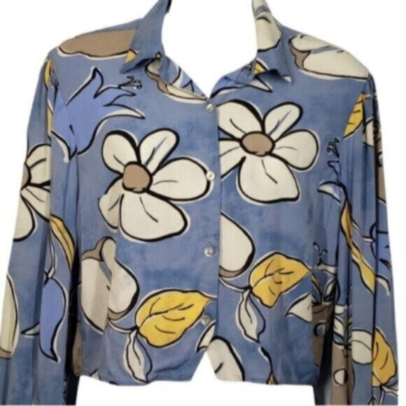 Zara Cropped Long Sleeve Floral Print Button up Top Size Medium Blue Whi… - Picture 12 of 12